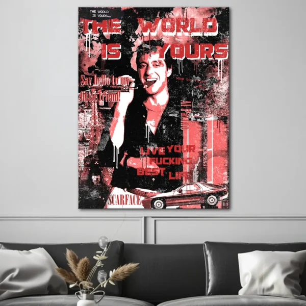 obraz na płótnie the world of scarface dekoracja ścienna al pacino obraz na ścianę pop art scarface the world is yours canvas płótno czerwony obraz do powieszenia